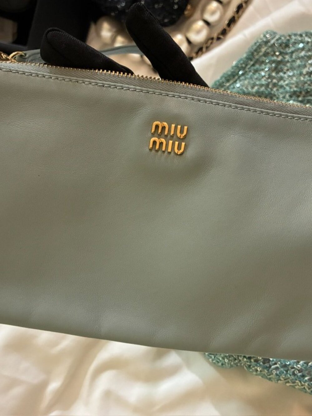 Miu Miu Ivy Sequin Mesh Bag in the anise/turquoise colorway - Picture 4 of 12